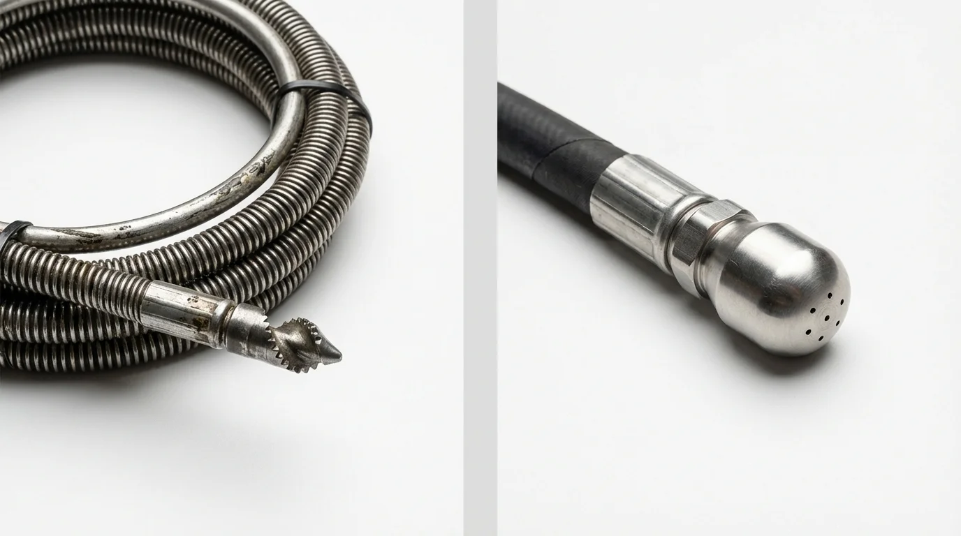Drain snake cable and hydro jetting nozzle used for drain cleaning in Sheffield, IA
