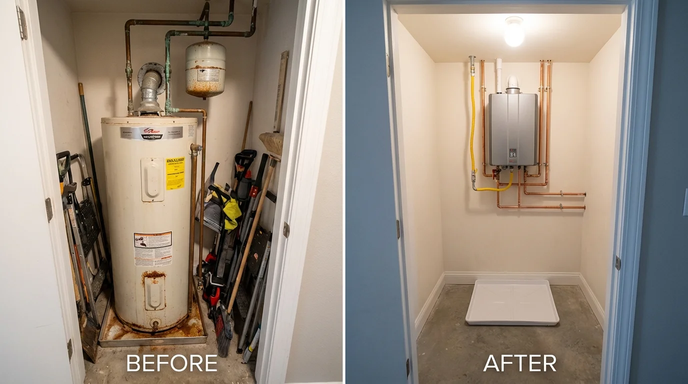Tank water heater versus wall-mounted tankless unit comparison for Sheffield, IA homeowners