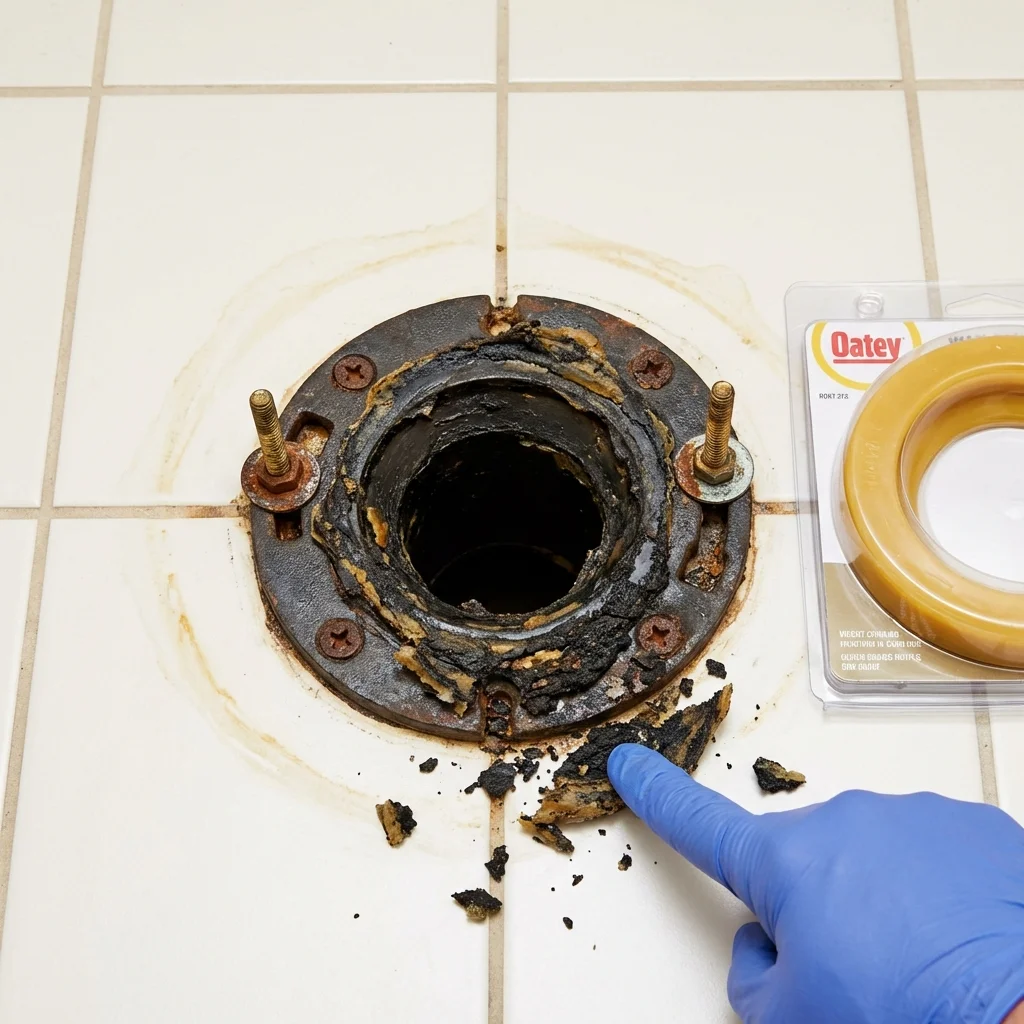 Failed wax ring showing water seepage at the base of a toilet in a Sheffield, IA home