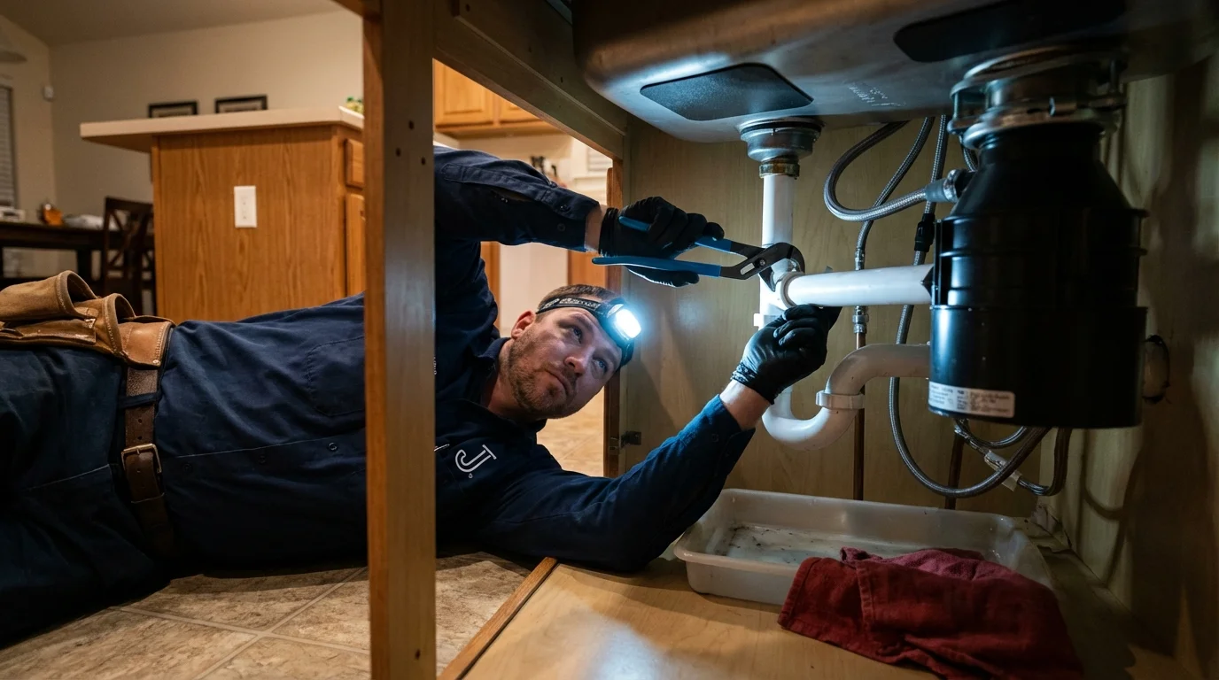 P-trap and supply line connections under a kitchen sink showing a common leak point in Sheffield, IA